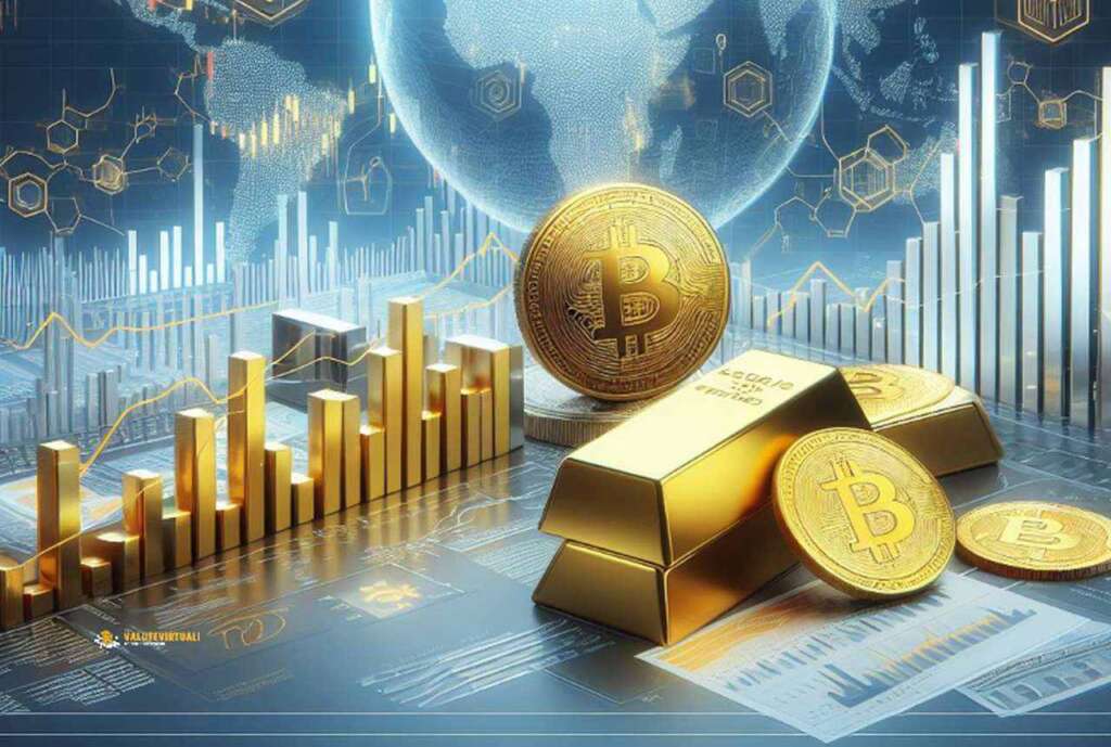 Dei lingotti d'oro e delle monete di Bitcoin con dei grafici sullo sfondo