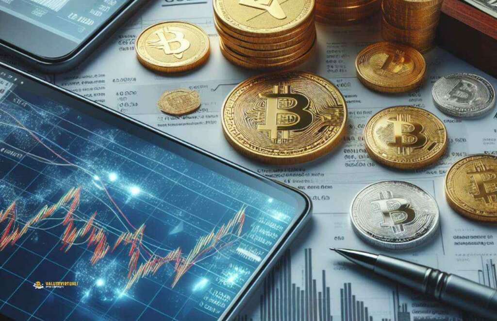 alcune monete di Bitcoin poggiate vicino a uno smartphone sul cui schermo ci sono dei grafici finanziari