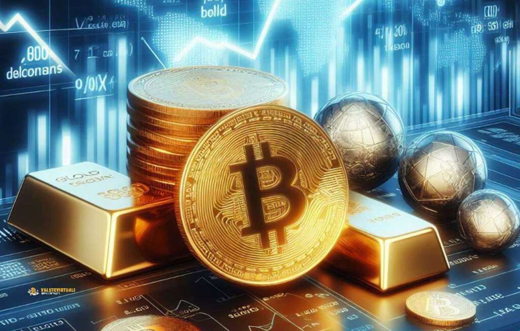 alcune monete di Bitcoin in pila e una moneta poggiata di taglio sullo stesso piano. Sullo sfondo dei grafici finanziari