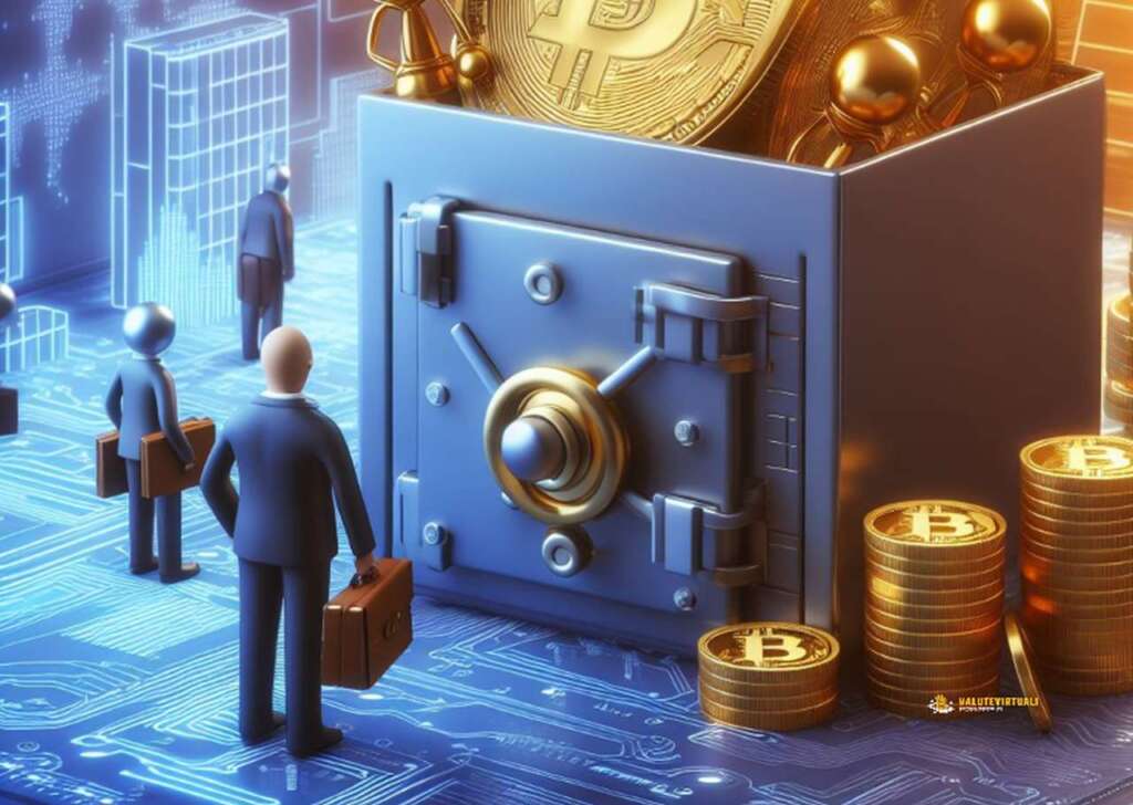 Un caveau pieno di Bitcoin con alcune monete di Bitcoin impilate fuori da esso
