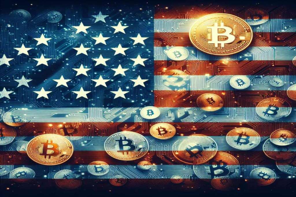 Bitcoin in monete con sullo sfondo la bandiera degli Usa