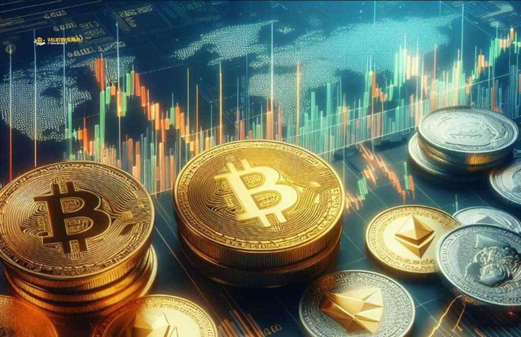 Alcune monete di Bitcoin con dei grafici a candele sullo sfondo