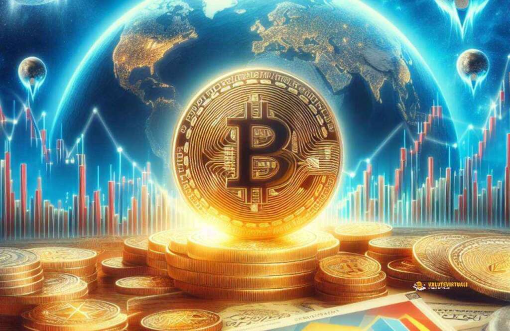 Una moneta di Bitcoin con una mappa del mondo sullo sfondo e delle monete d'oro su un piano