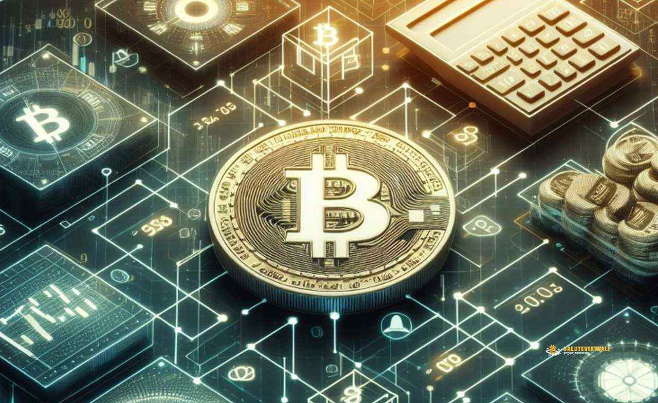 una moneta di Bitcoin e una calcolatrice su un piano con dei circuiti luminosi