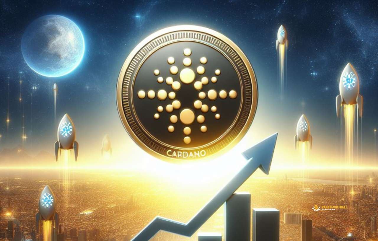 Un token di Cardano che si staglia nel cielo tra razzi stellari al di sopra di un grafico a candele