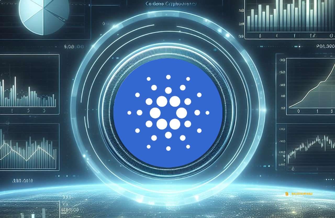 il simbolo di Cardano al centro di alcuni cerchi luminosi con dei grafici finanziari sullo sfondo