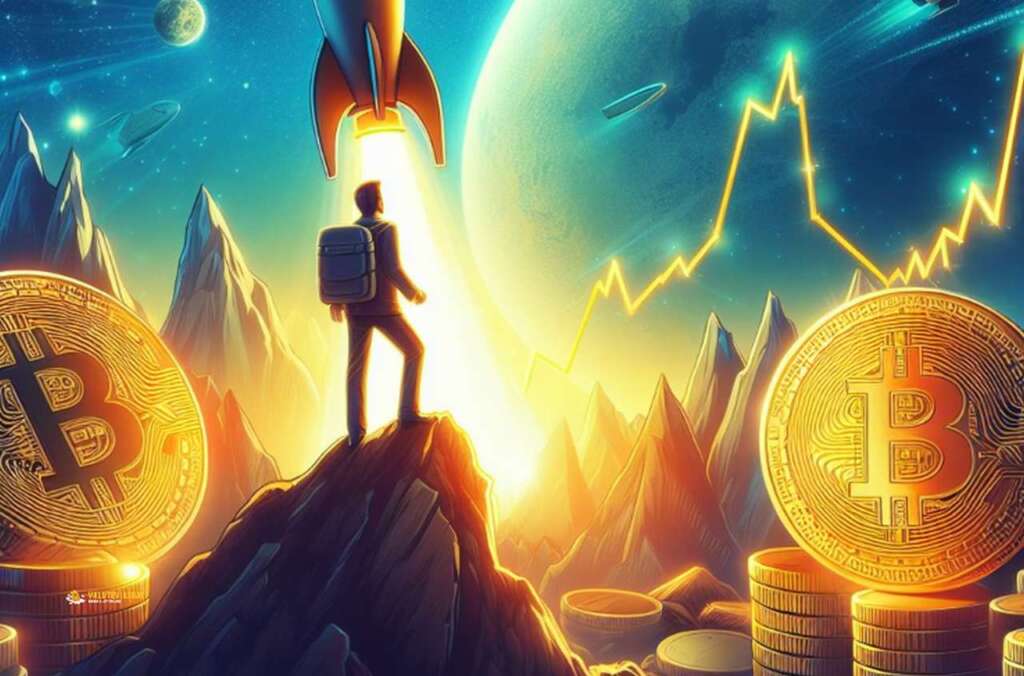 la sagoma di un uomo su un picco che osserva razzi lanciati verso lo spazio con delle monete di Bitcoin giganti a destra e sinistra e dei grafici finanziari tracciati nel cielo tra gli astri
