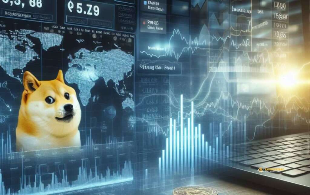 il cane di Dogecoin rappresentato sullo schermo di una sala piena di grafici finanziari luminosi in toni di blu