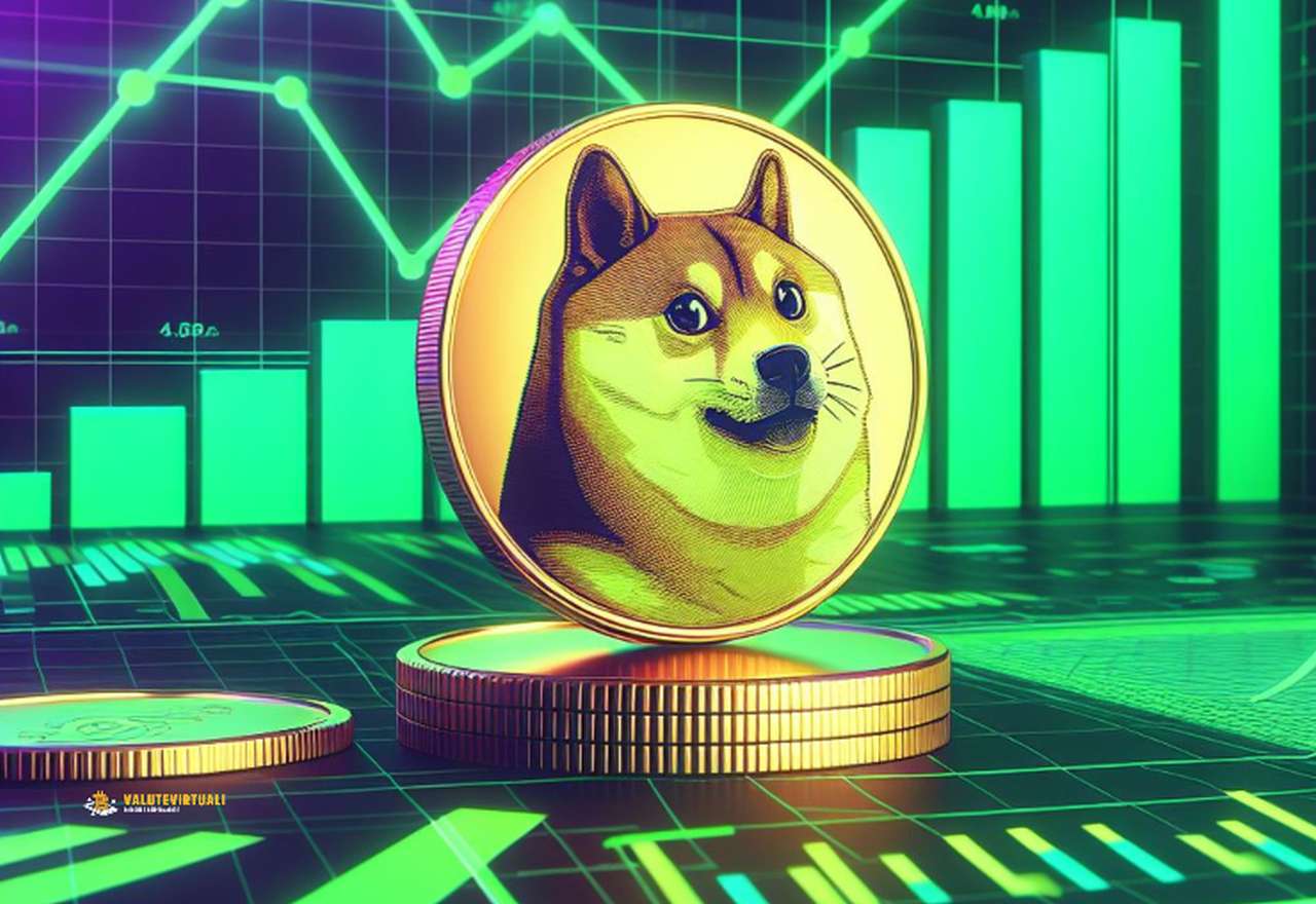 la memecoin Doge al centro di un'immagine con grafici di un verde luminoso