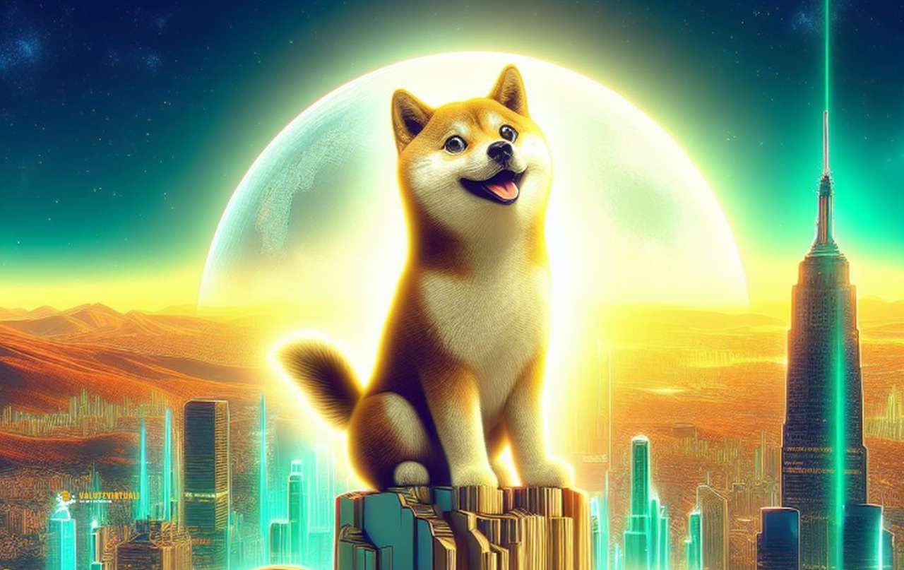 La mascotte di Dogecoin in cima su un grattacelo con una luna enorme che sorge sullo sfondo oltre l'orizzonte della metropoli