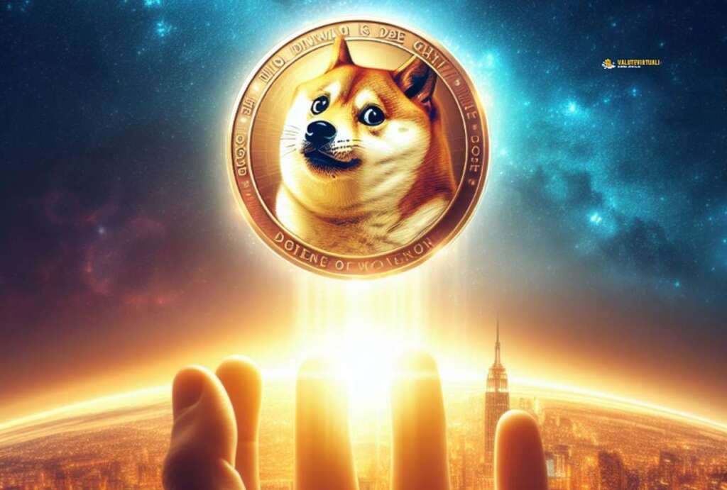 Una moneta di Dogecoin sospesa in aria sopra una mano nello spazio con l'arco terrestre in lontananza