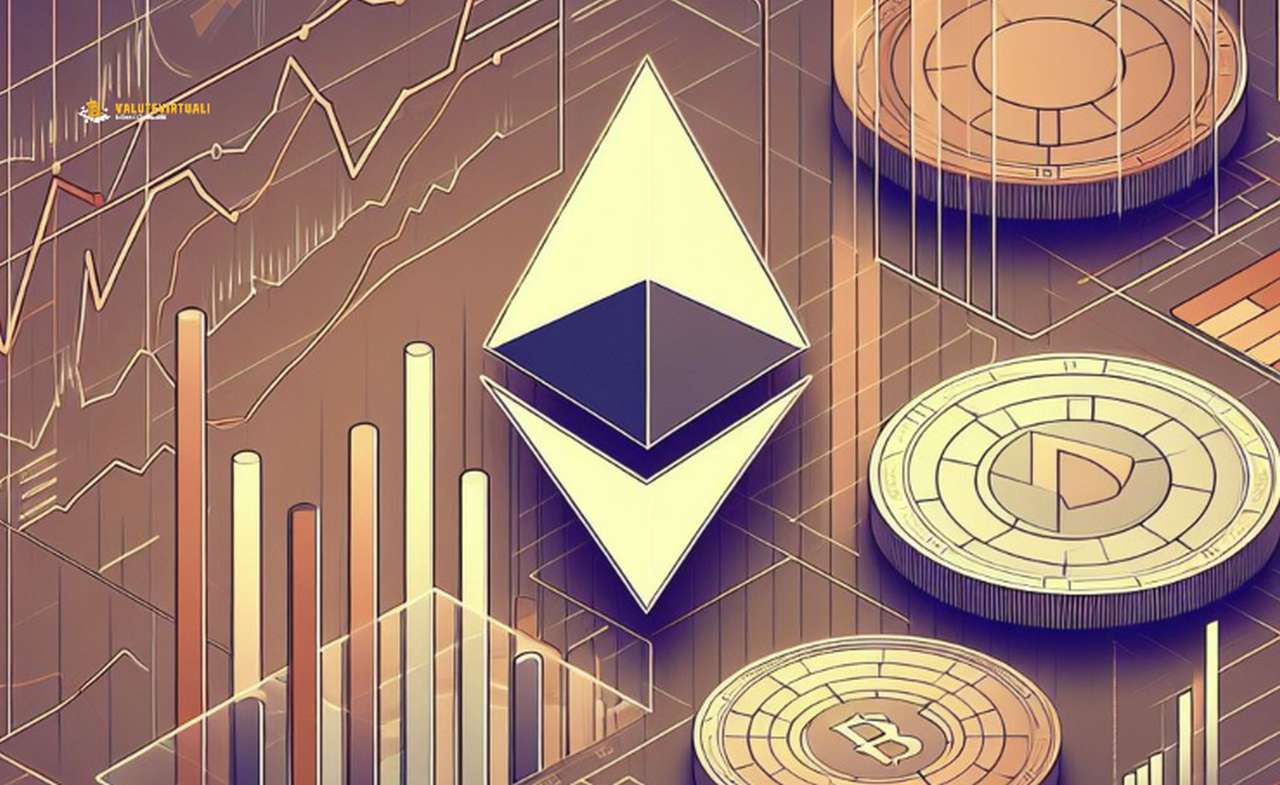 il simbolo di Ethereum e sullo sfondo dei grafici finanziari e altre monete di criptovalute