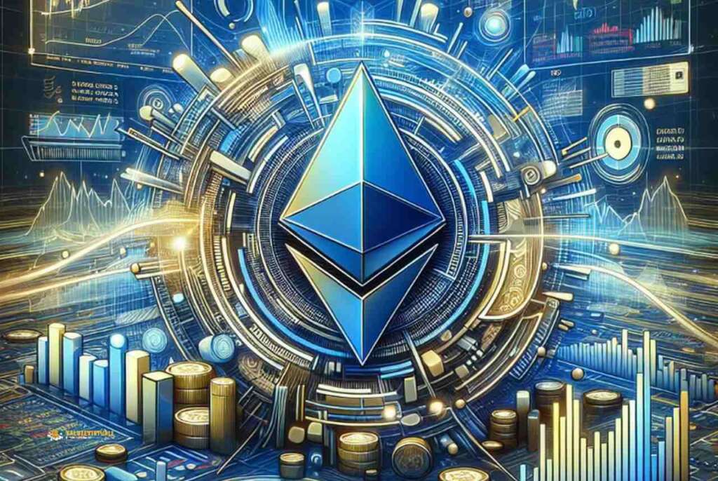 il simbolo di Ethereum al centro di un'immagine in toni di blu e oro con grafici e monete