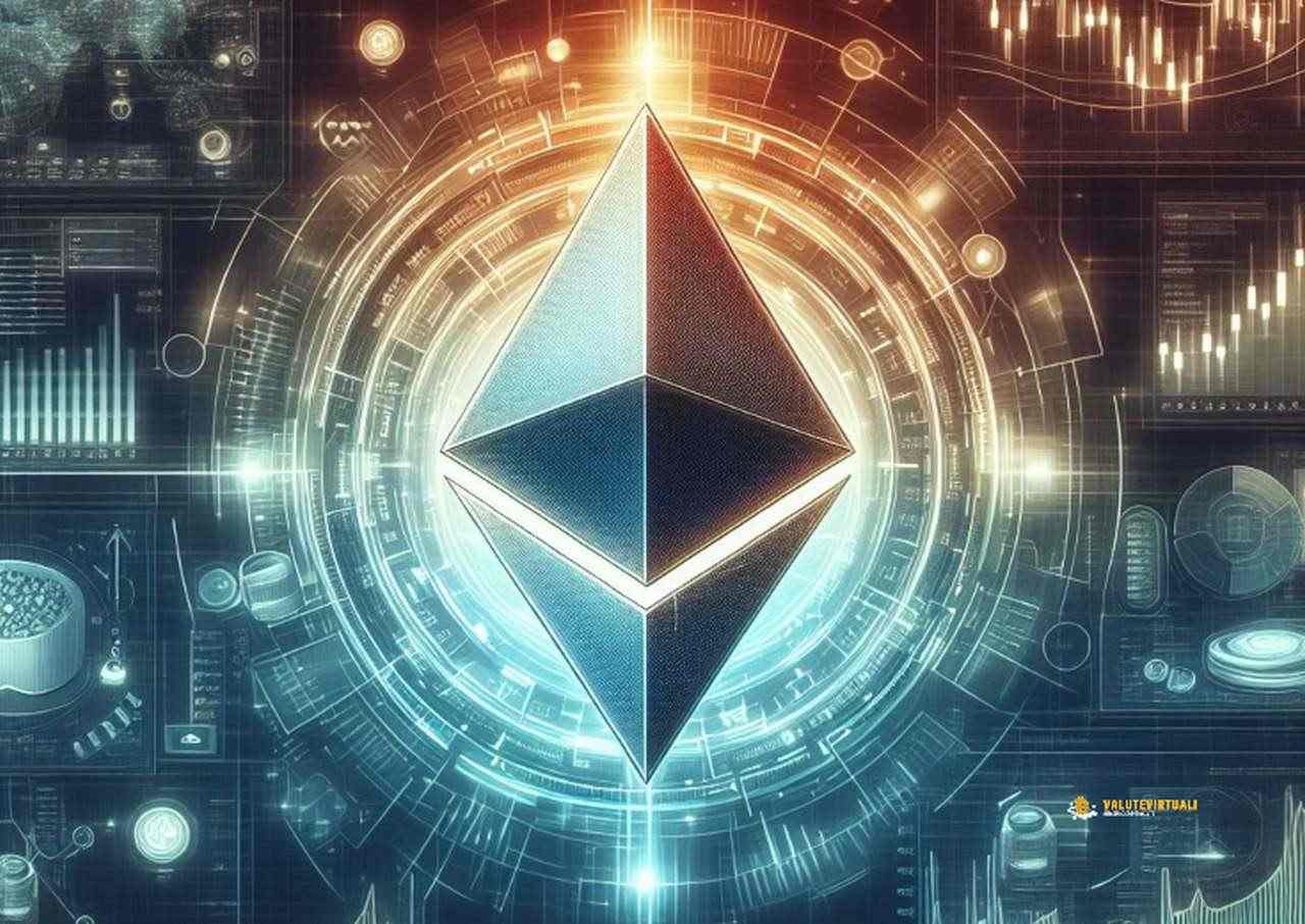 Il simbolo di Ethereum grande al centro e sullo sfondo vari grafici in piccolo