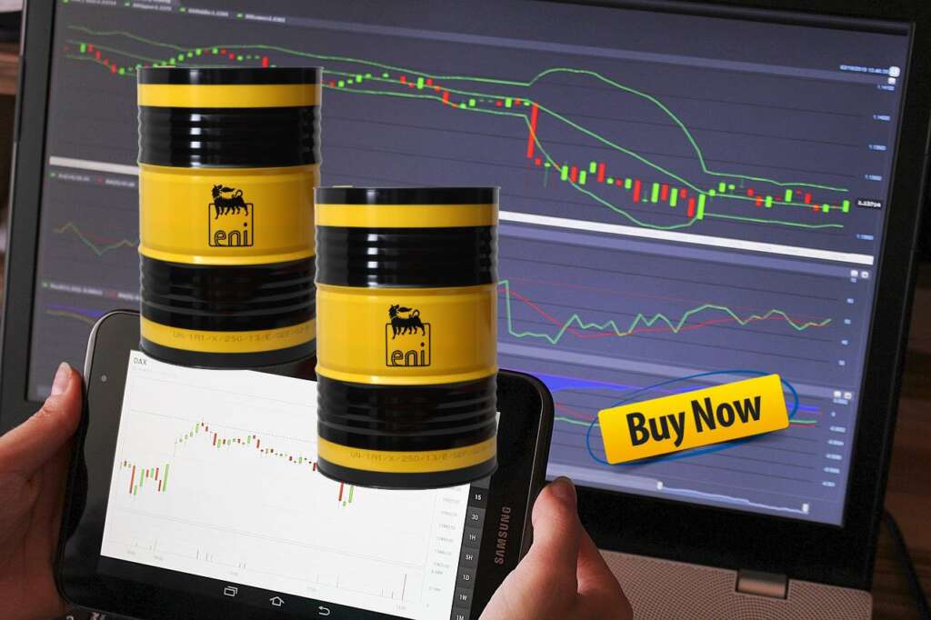 chart di trading con barili di petrolio a marchio Eni e tastino "buy"