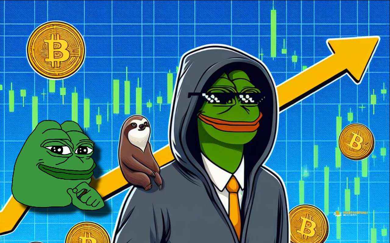 La rana della memecoin PEPE al posto del volto di un signore con cravatta e cappuccio sportivo. Sullo sfondo dei grafici finanziari e delle monete