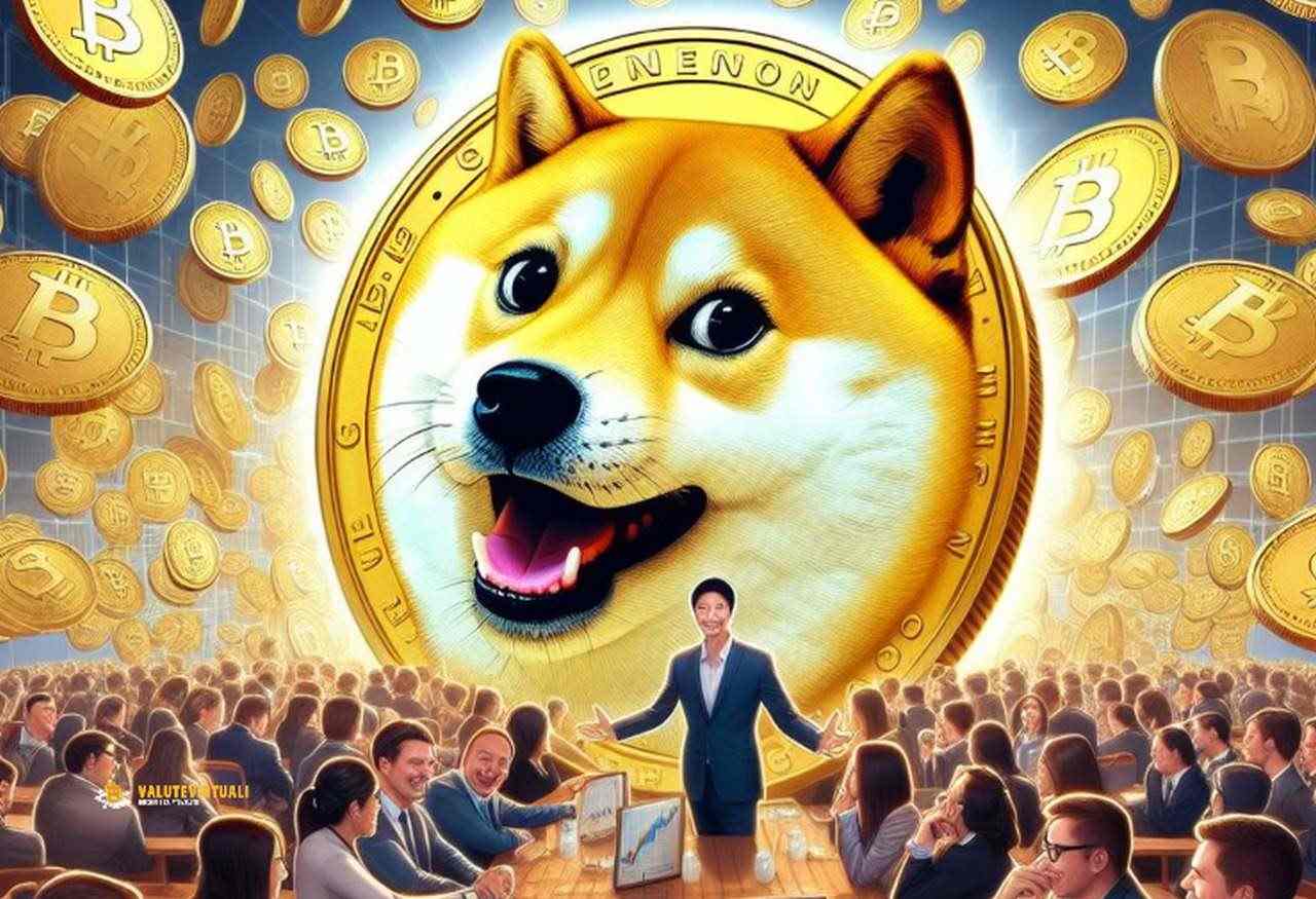 La memecoin SHIB in grande campeggia su un folto gruppo di persone intorno a un tavolo - shiba inu