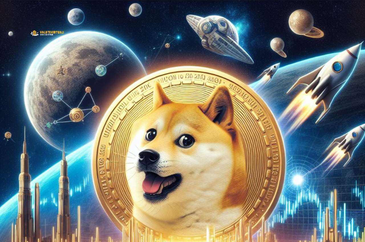 Il token di Shiba Inu tra i pianeti nello spazio. Sullo sfondo dei missili spaziali stilizzati