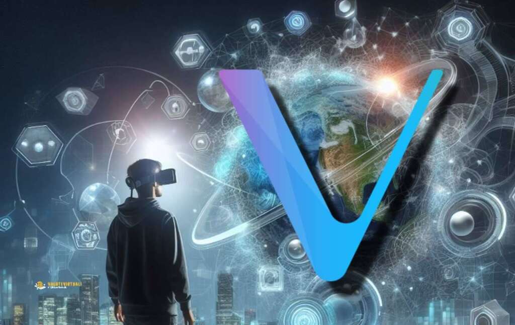 Un uomo con un visore che osserva nello spazio degli oggetti virtuali e il logo di VeChain in grande