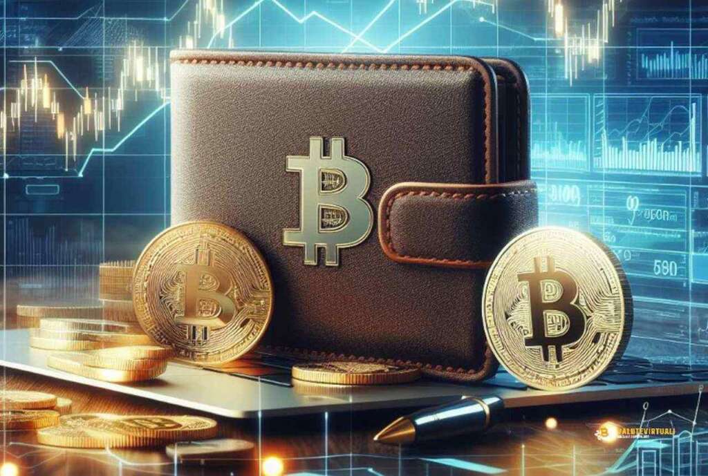 un paio di monete di Bitcoin poggiate di fianco a un portafoglio di pelle con su inciso il simbolo di Bitcoin. Sullo sfondo grafici finanziari luminescenti