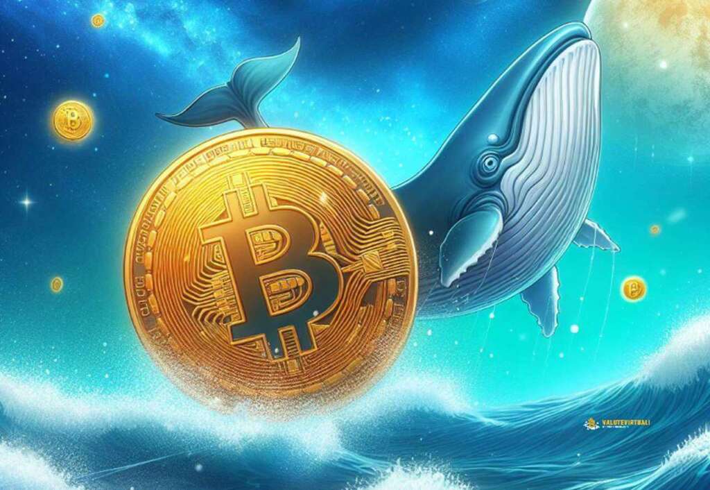 una balena che fluttua sulle onde del mare con una moneta di Bitcoin accanto