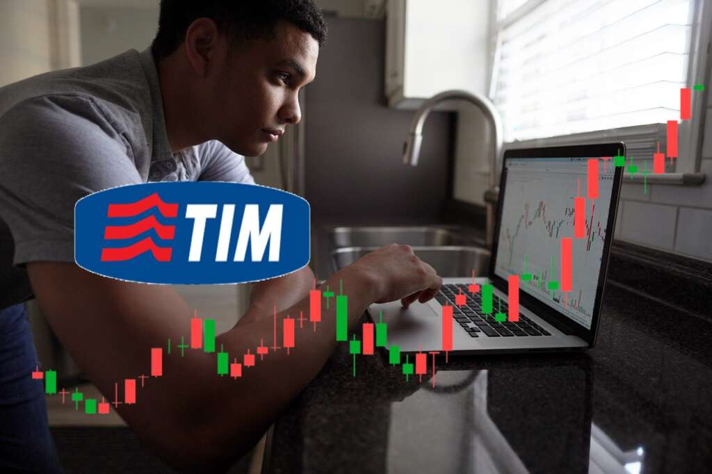 trader al lavoro e logo di Telecom Italia