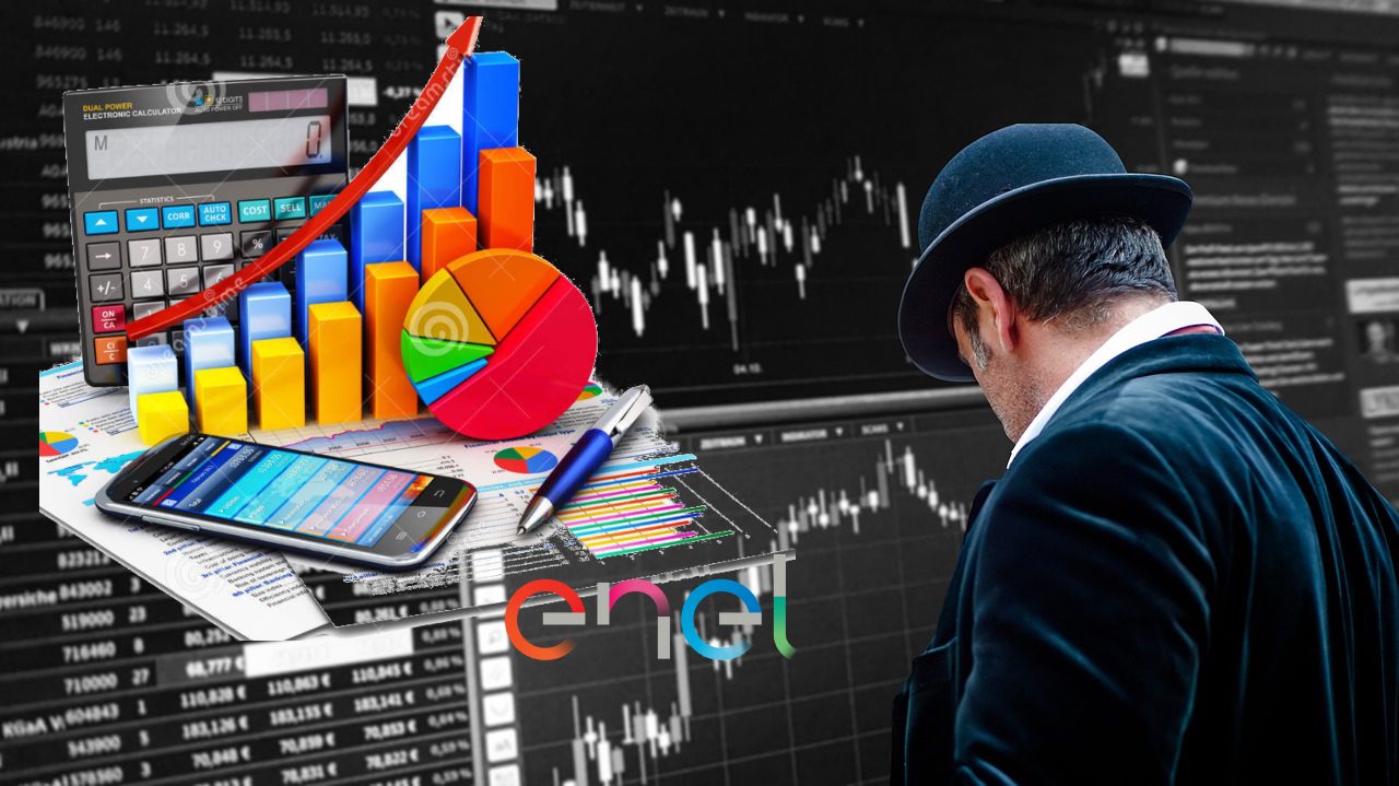 investitore dinanzi ad un listino di borsa e logo di Enel in primo piano