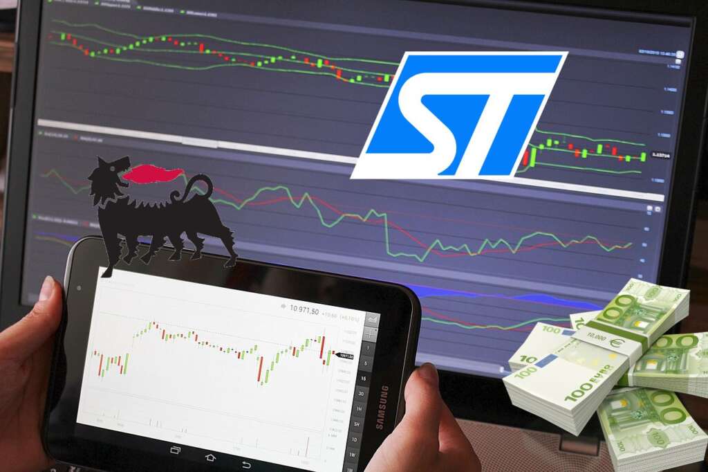 chart trading e logo di STM e di ENI