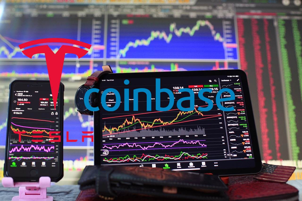 chart di trading con loghi di Coinbase e di Tesla