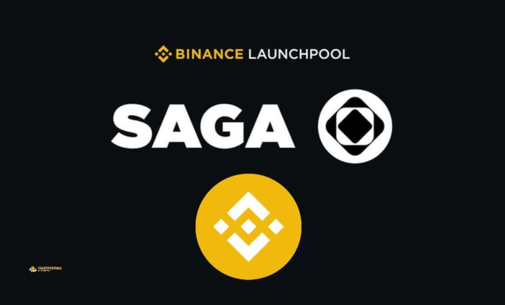 Il logo di Binance e quello di Saga su uno sfondo nero