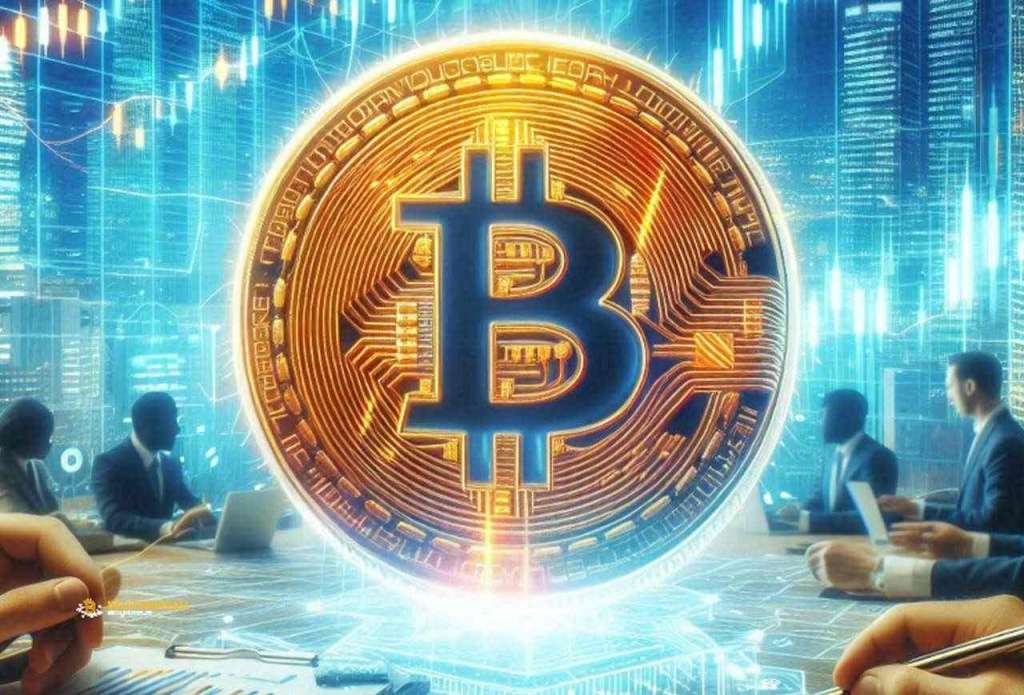 Una moneta di Bitcoin al centro con delle persone sedute a un grande tavolo che analizzano dei grafici finanziari. Sullo sfondo dei grafici luminosi