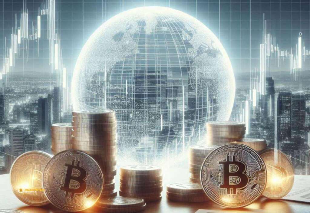 Alcune monete di Bitcoin su un piano con un globo luminoso e dei grafici a candele sullo sfondo