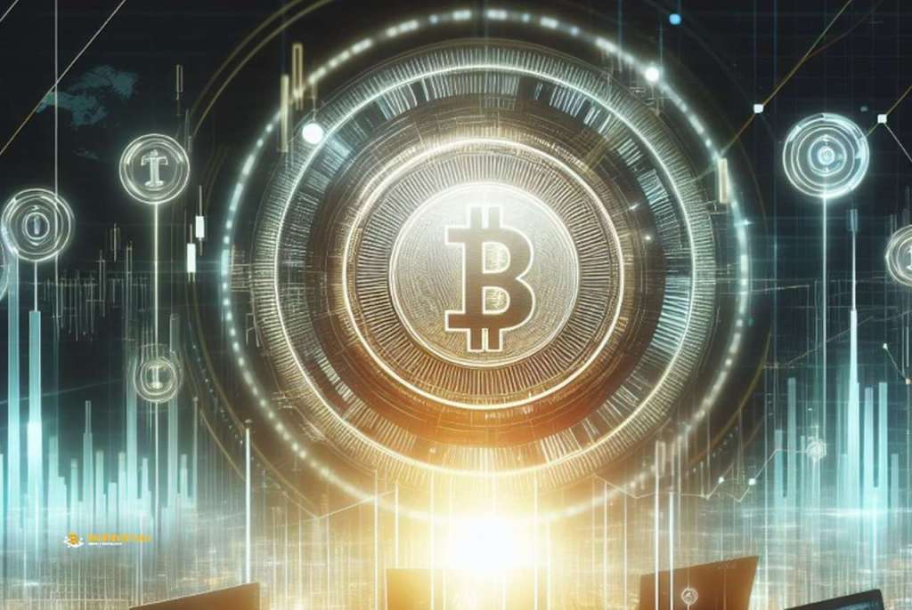 Una moneta di Bitcoin in grande al centro e altre monete di crypto diverse in piccolo intorno con dei grafici luminosi sullo sfondo