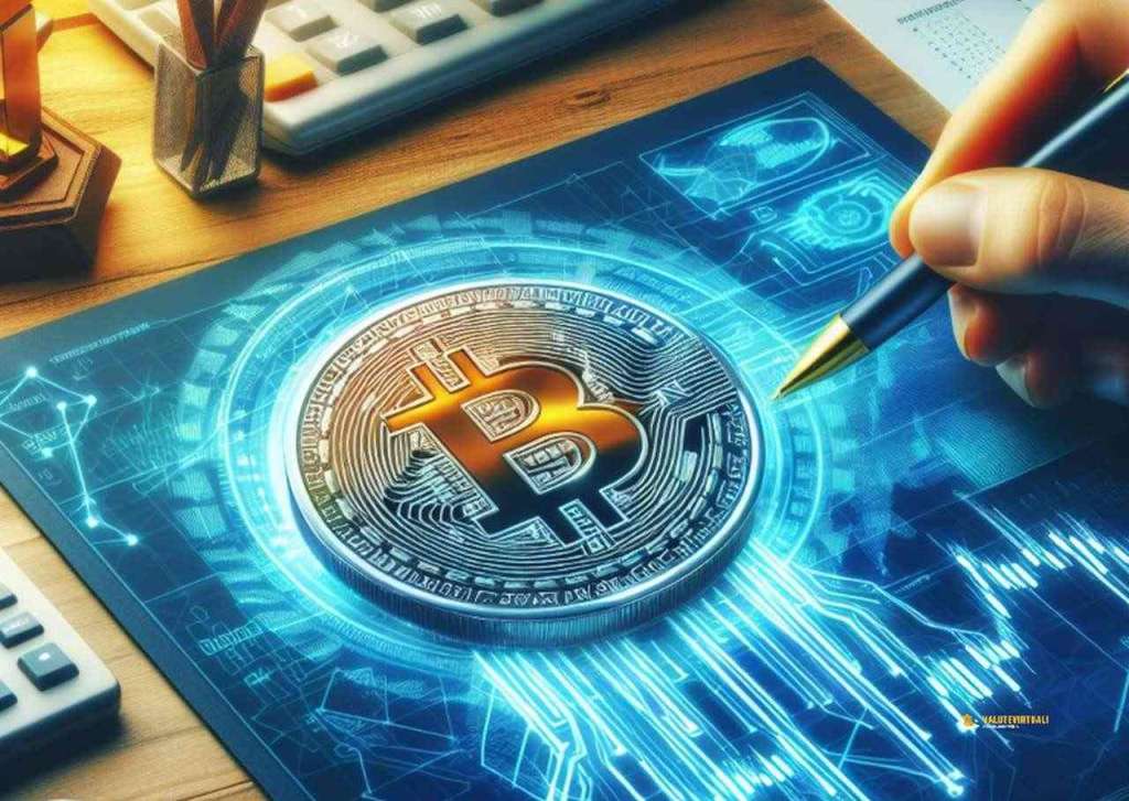 Una moneta di Bitcoin su un pannello luminoso su una scrivania