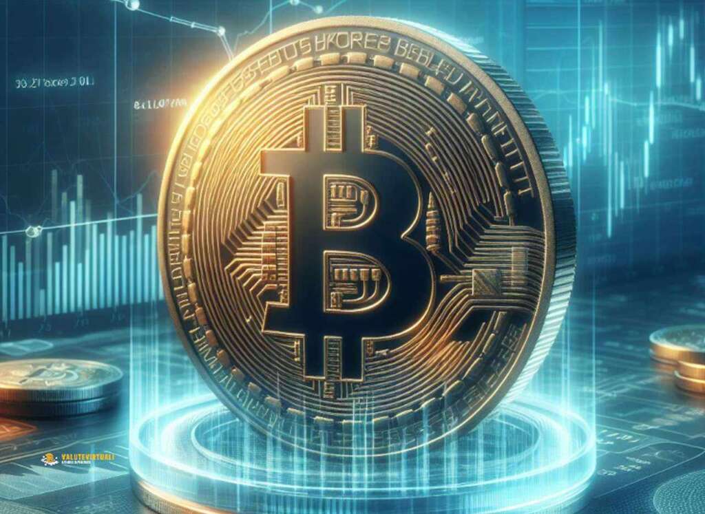 Una moneta di Bitcoin con dei grafici finanziari sullo sfondo e intorno alla moneta stessa