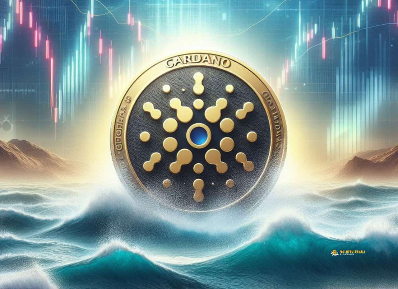 La crypto Cardano su un mare in tempesta e dei grafici luminosi sullo sfondo