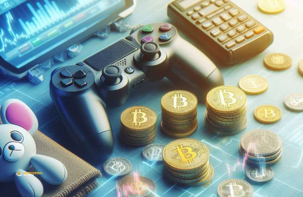 Un joypad, un pupazzetto peluche e una calcolatrice su una scrivania insieme a diverse monete di Bitcoin