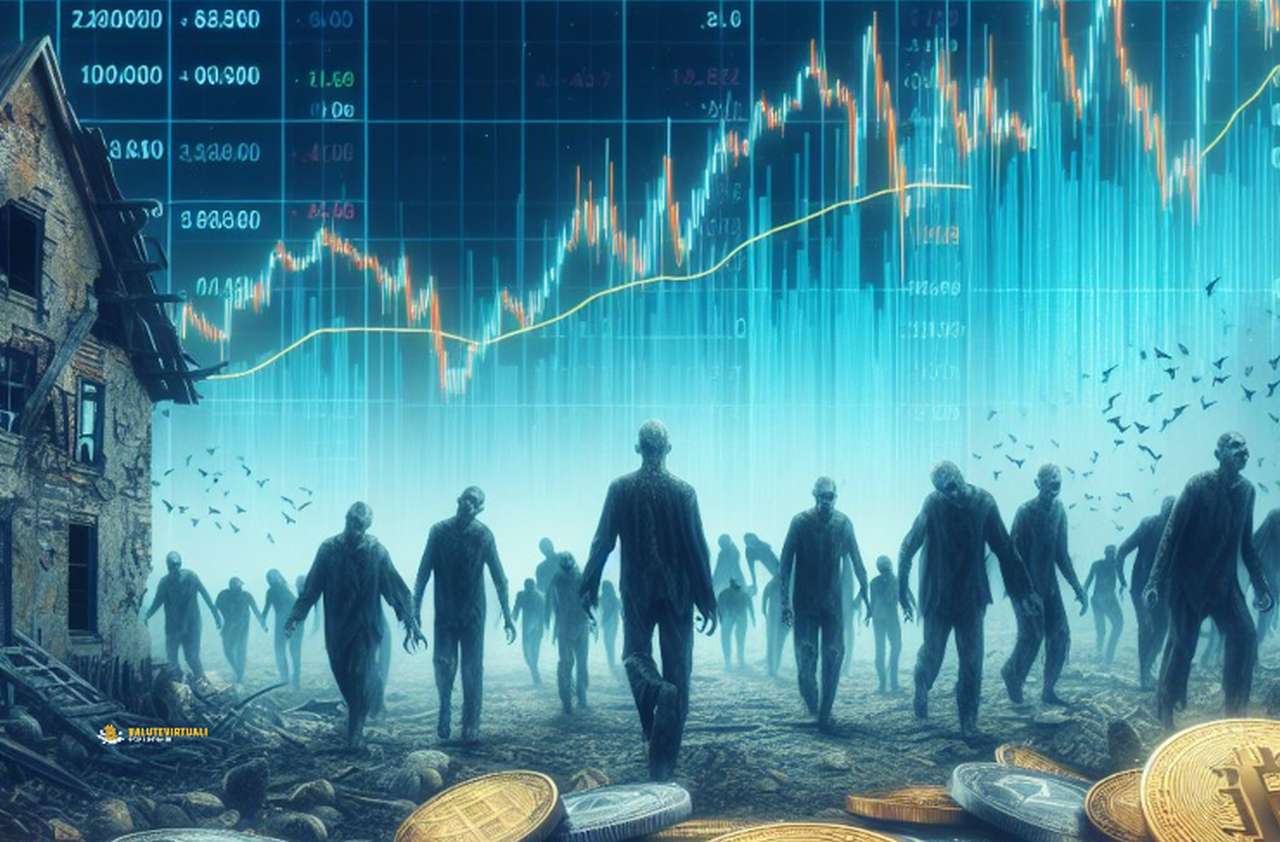 Alcuni zombie che vagano tra monete di crypto abbandonate e sullo sfondo dei grafici finanziari