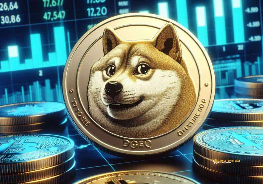 Una moneta con il logo di Dogecoin e dei grafici luminosi sullo sfondo