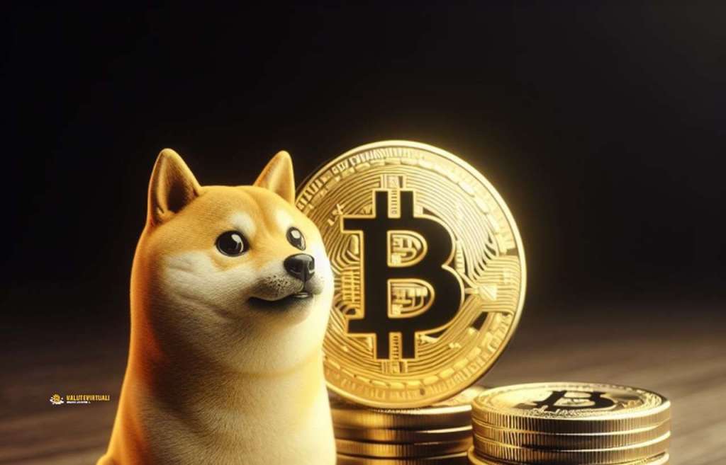Il cane simbolo della memecoin DOGE su sfondo scuro, con accanto delle monete di Bitcoin impilate in modo ordinato