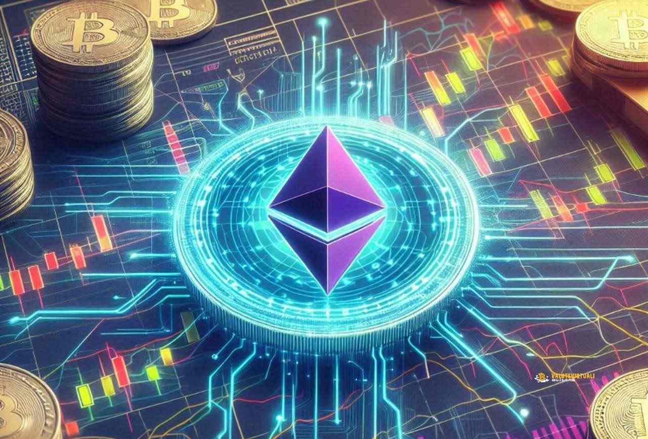 Il logo di Ethereum all'interno di un cerchio luminoso piazzato su una piattaforma con dei grafici e dei circuiti illuminati