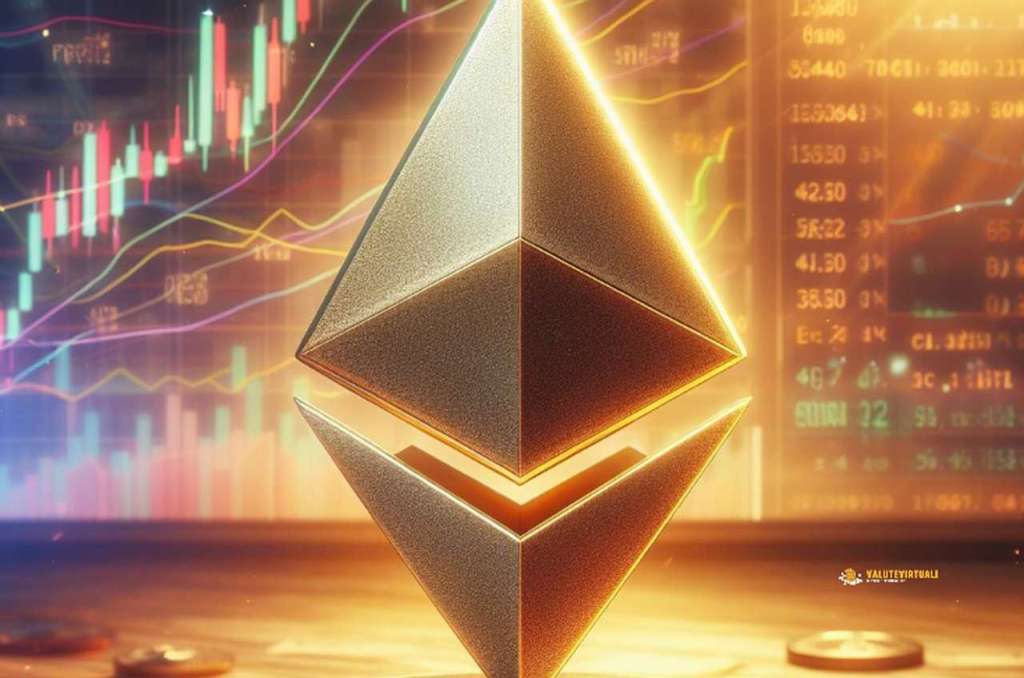 Il simbolo di Ethereum in grande al centro e dei grafici finanziari sullo sfondo