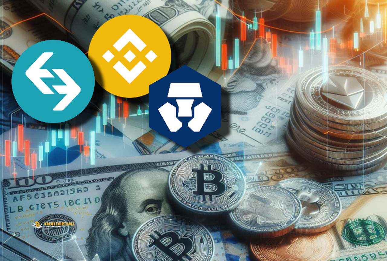 Los logotipos de algunos intercambios en la parte superior izquierda. En el fondo, Billones, criptomonedas y de los gráficos de velas en transparencia