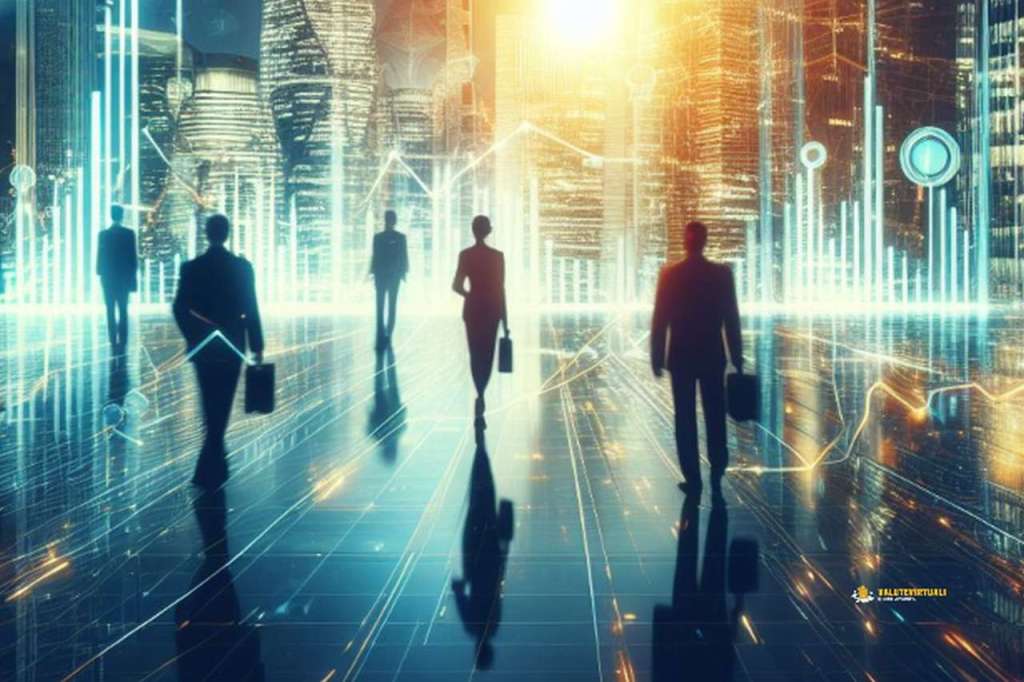 Le sagome di alcuni uomini d'affari che camminano verso una luce in una metropoli futuristica