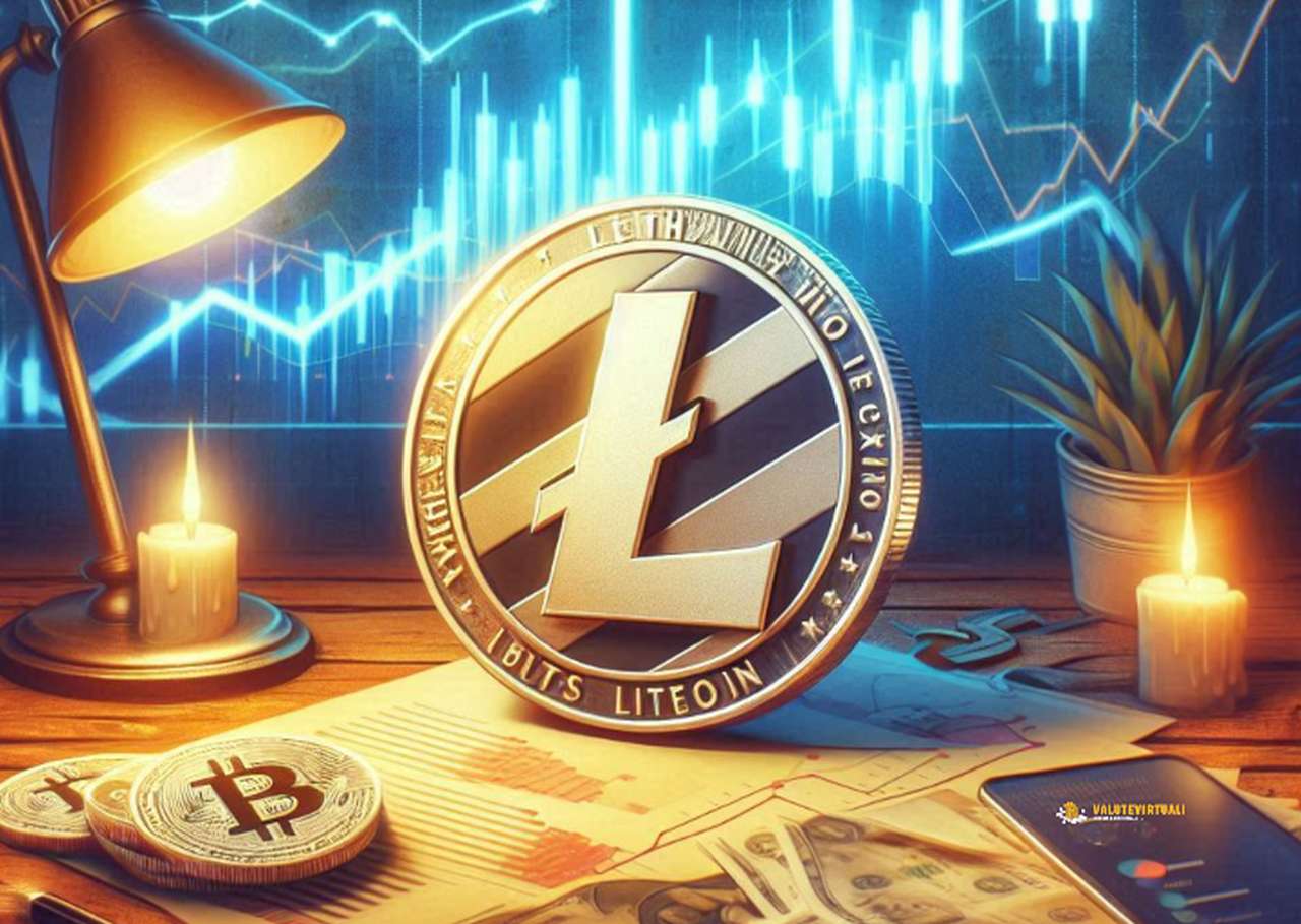 Una moneta di Litecoin posata di taglio su una scrivania dove ci sono delle carte, una lampada da tavolo e delle monete di Bitcoin