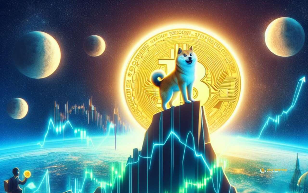 Il cane simbolo della memecoin Shiba Inu su una vetta tra pianeti e grafici luminosi