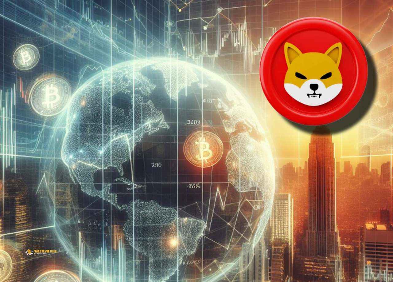 Un gettone rosso con il logo di Shiba Inu in alto a destra e sullo sfondo un globo luminoso che rappresenta la terra con in basso i grattaceli di una metropoli