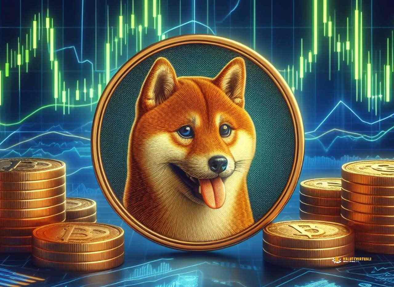 Una moneta di Shiba Inu al centro con diverse monete di Bitcoin disposte su diverse pile poggiate su un piano. Sullo sfondo dei grafici luminosi