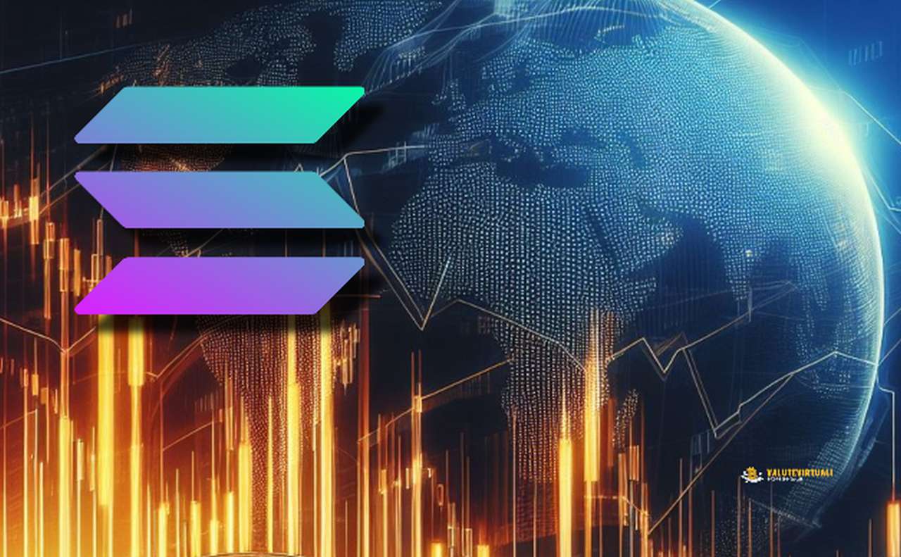 Il logo di Solana in alto a sinistra con alcuni grafici luminosi in basso e il globo terrestre sullo sfondo