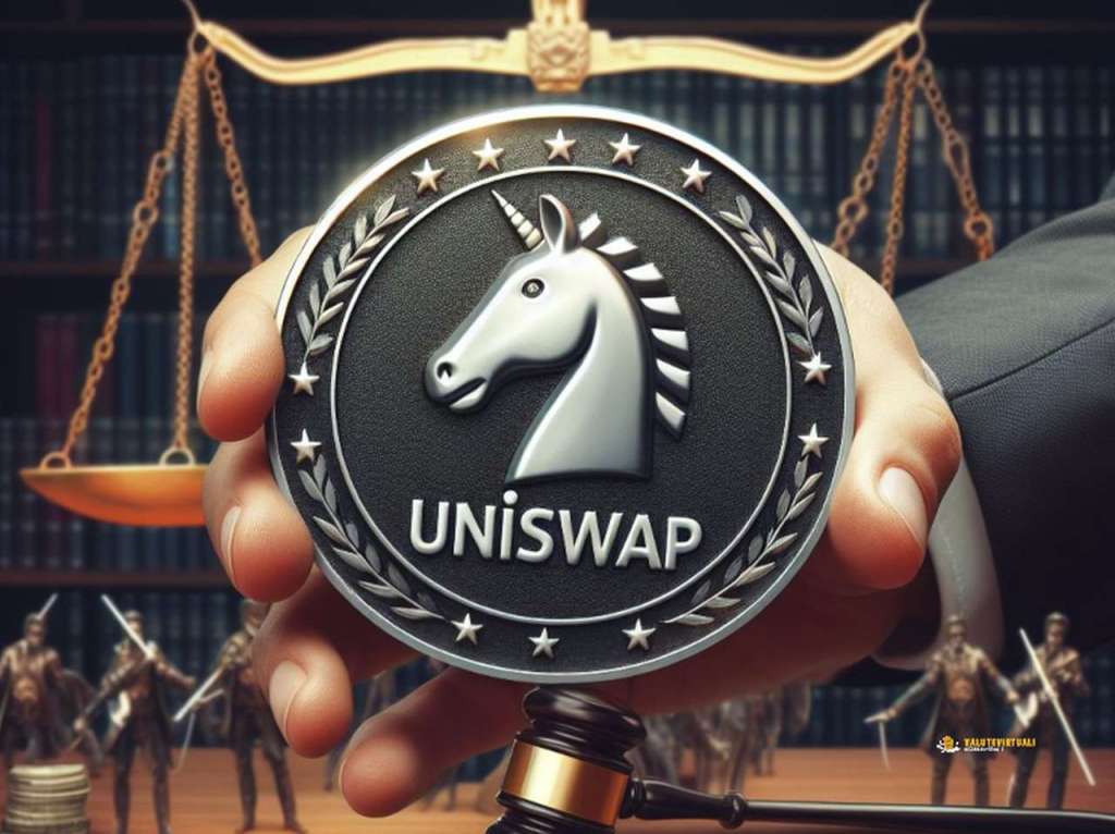 Il logo di Uniswap su una moneta grande quanto la mano che la tiene e sullo sfondo una bilancia